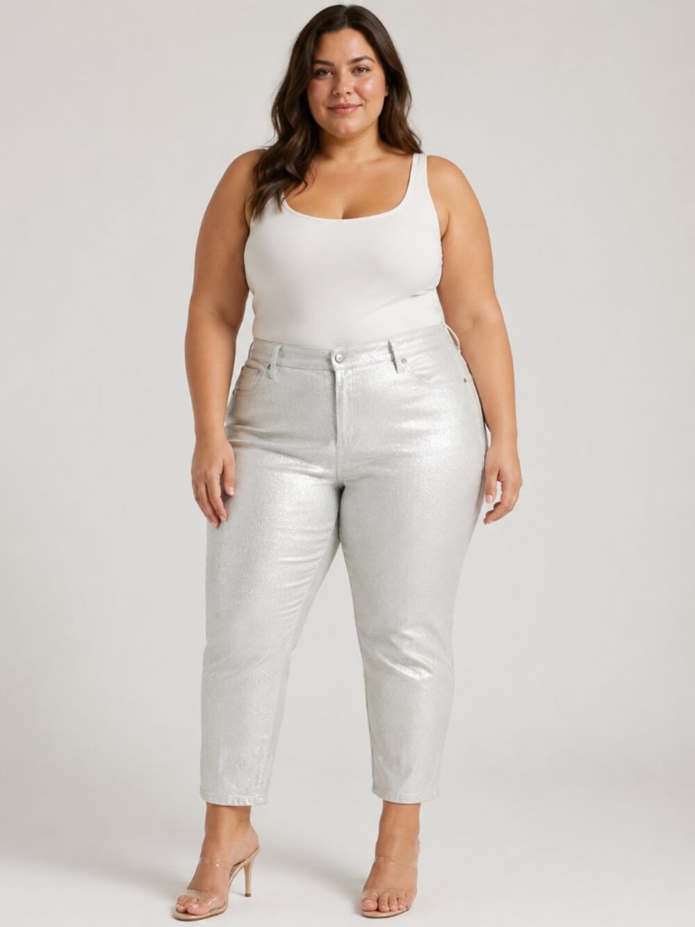 Silver Metallic Coated Plus Size Jeans Pants Women’s 22 Shimmer Stretch Skinny